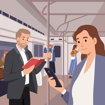 People in subway train, bus tram public transport activities. Man reading book. Woman holding her phone inside metro train. Going home from work. Flat vector illustration