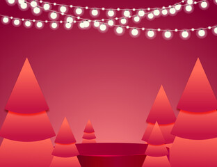 Christmas vector illustration with a realistic pedestal, garlands, Christmas trees. Beautiful winter background color magenta and space for copy. Christmas and New Year concept