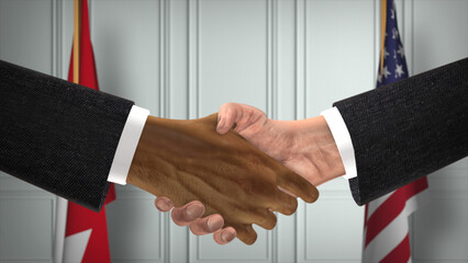 Bahrain and USA Partnership Business Deal. National Government Flags. Official Diplomacy Handshake 3D Illustration. Agreement Businessman Shake Hands