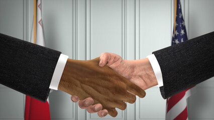 Malta and USA Partnership Business Deal. National Government Flags. Official Diplomacy Handshake 3D Illustration. Agreement Businessman Shake Hands