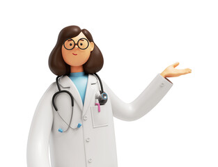 3d render. Cartoon character caucasian woman doctor wears glasses and uniform. Health care consultation, medical science