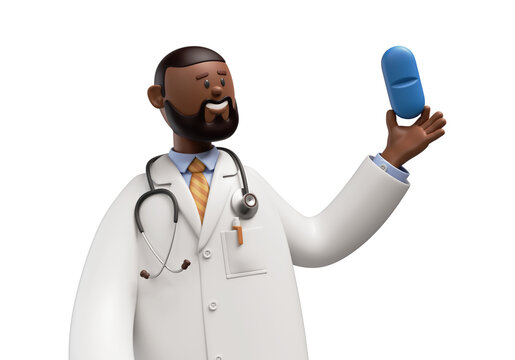 3d render. Doctor african cartoon character holds blue pill. Medicament recommendation. Pharmaceutical clip art isolated on yellow background
