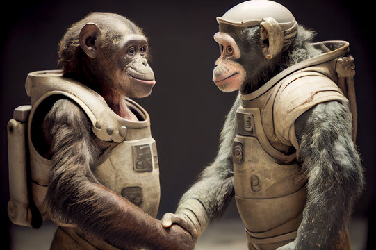 Two spacemen monkeys shaking hands, generative ai illustration