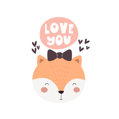 love you. Cartoon fox, Hand drawing lettering, decor elements. Colorful vector flat illustration valentines day. Romantic design for greeting card, print, poster