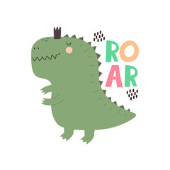 cartoon dinosaur, hand drawing lettering. colorful vector illustration for kids, flat style. baby design for cards, print, posters, logo, cover