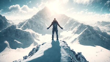 Man standing on the hill at mountain landscape. Postproducted generative AI digital illustration.