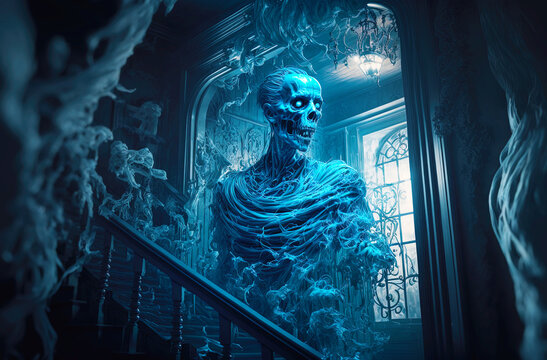 Horror house interior with scary awakened zombie on the staircase. Postproducted generative AI digital illustration.