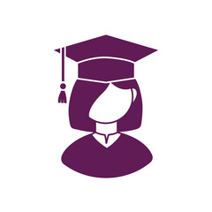 Graduation student in cap and gown. Graduating girl silhouette.  Graduating student avatar. Monochrome vector icon isolated on white background.