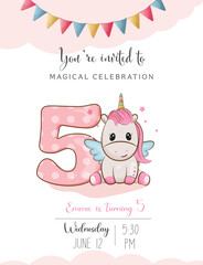 Birthday invitation with number 5 and unicorn