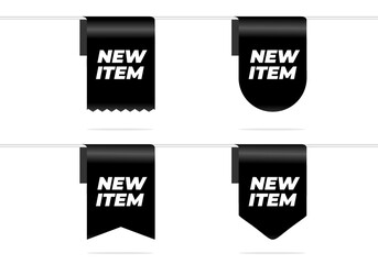 Fototapeta na wymiar New item black ribbon and tag isolated on white background