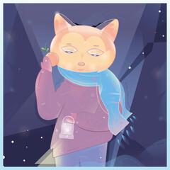 Vector colorful fox kit holding a lighting candlestick and putting a mandarine over its chin on a winter night or late evening. Background includes some snowdrops and the silhouettes of the fir trees.