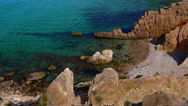 Beautiful landscape of rock formations on the La Pineda beach in Salou Spain.
