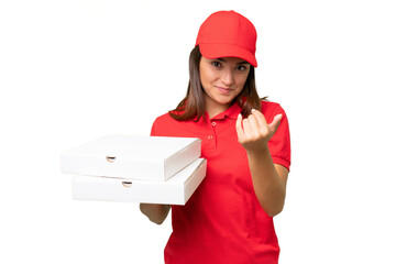 Pizza delivery caucasian woman with work uniform picking up pizza boxes isolated on green chroma...