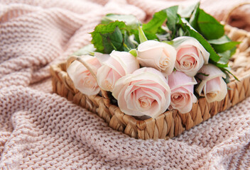 Fototapeta na wymiar Tray with bouquet of beautiful pink roses and gift box on bed.