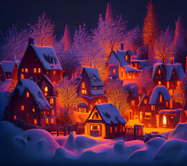 Fototapeta na wymiar Christmas village with snow. Winter village landscape. Christmas holidays. Snow-covered town. Generative ai illustration