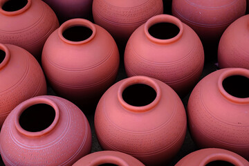 Omani Souvenirs. Hand Made Pottery in Nizwa Market. Clay Jars at the Rural Traditional Arabic Bazaar, Oman. Arabian Peninsula. 
