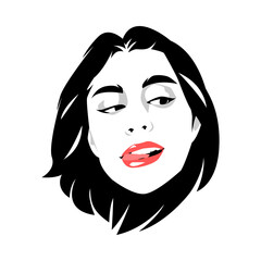Black and white pop art portrait of a woman's face with short hair. tongue out. monochrome. isolated white background. vector illustration.
