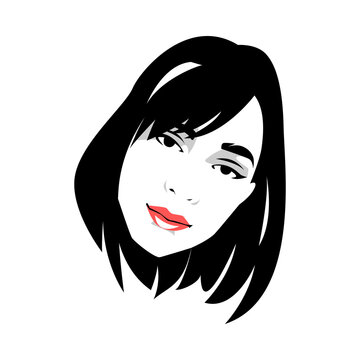 black and white pop art portrait of a woman's face with short hairstyle. monochrome. isolated white background. vector illustration.