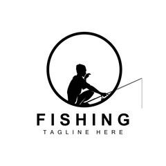 fishing logo icon vector, catch fish on the boat, outdoor sunset silhouette design
