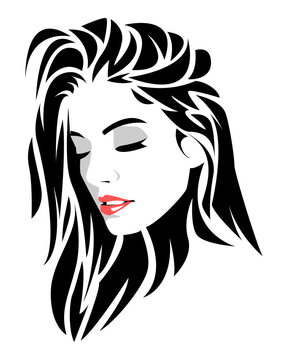 black and white portrait of a beautiful young woman with long hair, closing her eyes. side view. abstract hair. isolated white background. flat vector illustration.