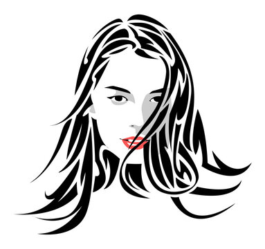 black and white portrait of a beautiful young woman with long hair. abstract hair exposed to the wind. isolated white background. flat vector illustration.