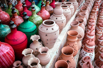 Fototapeta na wymiar Omani Souvenirs. Hand Made Pottery in Nizwa Market. Clay Jars at the Rural Traditional Arabic Bazaar, Oman. Arabian Peninsula. 