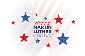 Martin Luther King Jr Day greeting card - horizontal blue and red background banner with US flag. Vector Illustration.
