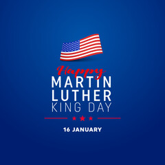 Martin Luther King Jr Day greeting card - horizontal blue and red background banner with US flag. Vector Illustration. - obrazy, fototapety, plakaty