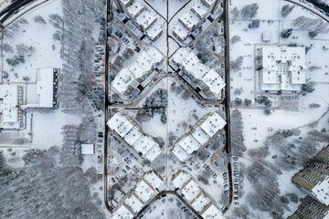 Aerial winter snowy day view of frozen Pasilaiciai district, Vilnius, Lithuania