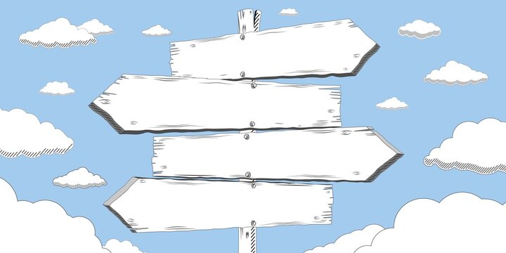 Outline signpost with four clear arrows