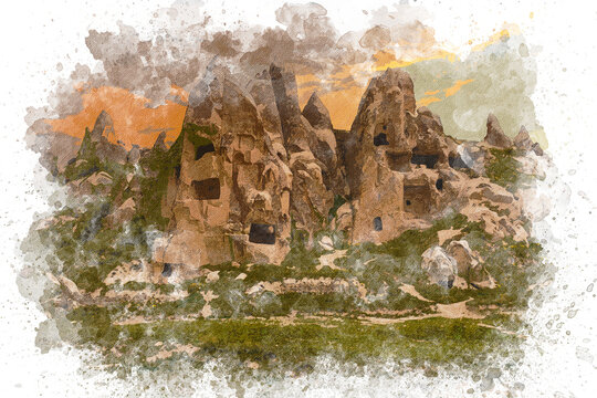 watercolor painting of Cappadocia Turkey. Travel to Turkey concept. Watercolor illustration of Cappadocia fairy chimneys. Peri bacalari in Turkish