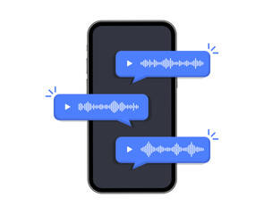 Voice message bubbles on screen smartphone. Voice notes. Mobile phone with voice chat. Record voice message for phone correspondence. Social media design. Vector illustration.