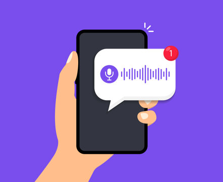 Voice message bubble on screen smartphone. Mobile phone with notification voice message. New voice note. Social media design. Vector illustration.