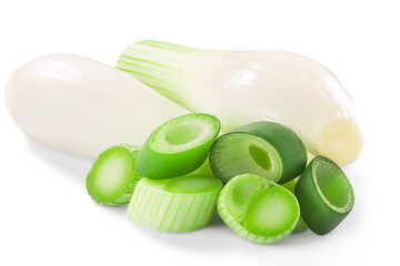 Sliced  Green leek with stem and bulbs isolated png
