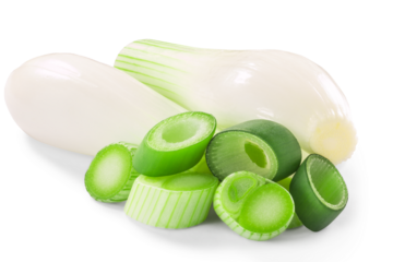 Sliced  Green leek with stem and bulbs isolated png