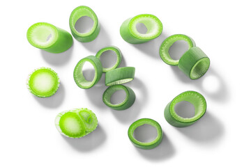 Green leek cut into rings isolated  png, top view - obrazy, fototapety, plakaty
