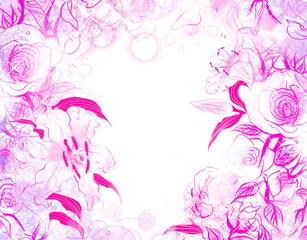 少女漫画風キラキラ輝く星々とピンクの薔薇と百合と花びらが舞うペン画カラーイラスト透過背景