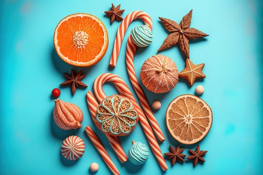 Christmas decorations with dry fruits and candy canes on blue background. Generative AI