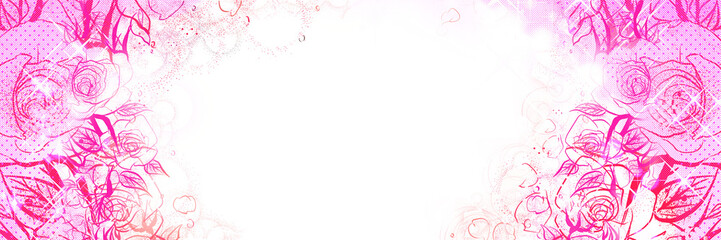 Fototapeta na wymiar 少女漫画キラキラ輝く星々とピンクの薔薇と花びらが舞うペン画カラーワイドサイズイラスト透過背景
