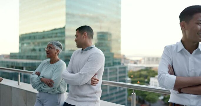 Business people, relax and talk on balcony for team building, discussion and planning, happy and cheerful. Business, team and rooftop discussion for startup, brainstorm and thinking, casual and chat