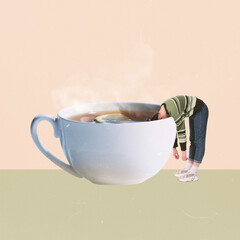 Contemporary art collage. Creative design. Young woman holding head inside cup with hot black tea....