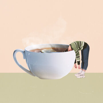 Contemporary art collage. Creative design. Young woman holding head inside cup with hot black tea. Warming.