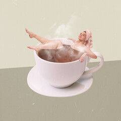 Fototapeta premium Contemporary art collage. Creative design. Relaxed girl lying in cup with hot black tea. Bath time. Relaxation.