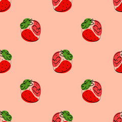 Seamless pattern with strawberry. Continuous one line drawing strawberry. Black line art with colorful spots. Vegan concept