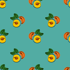 Seamless pattern with peach on blue background. Continuous one line drawing peach. Black line art on blue background with colorful spots. Vegan concept