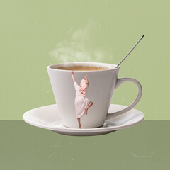 Contemporary art collage. Creative design. Girl in a bathrobe climbing up the coffee cup. Caffeine...