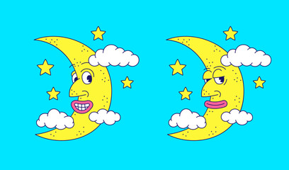 Smiling crescent moon - cartoon character in y2k style. Moon in the clouds. Vector illustration.