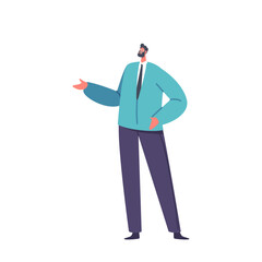 Mature Man in Formal Suit Smile and Gesturing with Hand. Male Character Speaking on Press Conference or Briefing