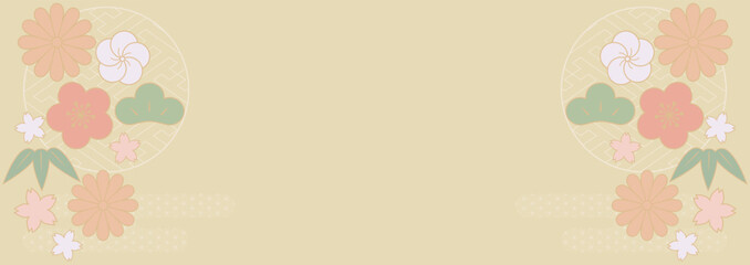 花と伝統柄の和風背景テンプレート　ベージュ　横長