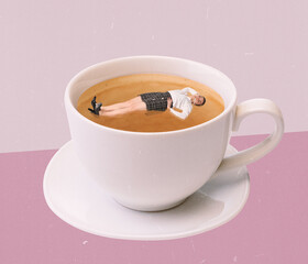 Contemporary art collage. Creative design. Young girl lying inside cup with coffee and sippin. Energy